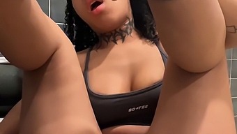 Solo Black Beauty Pleasuring Herself In The Gym Bathroom With A Toy Almost Gets Caught In The Act.